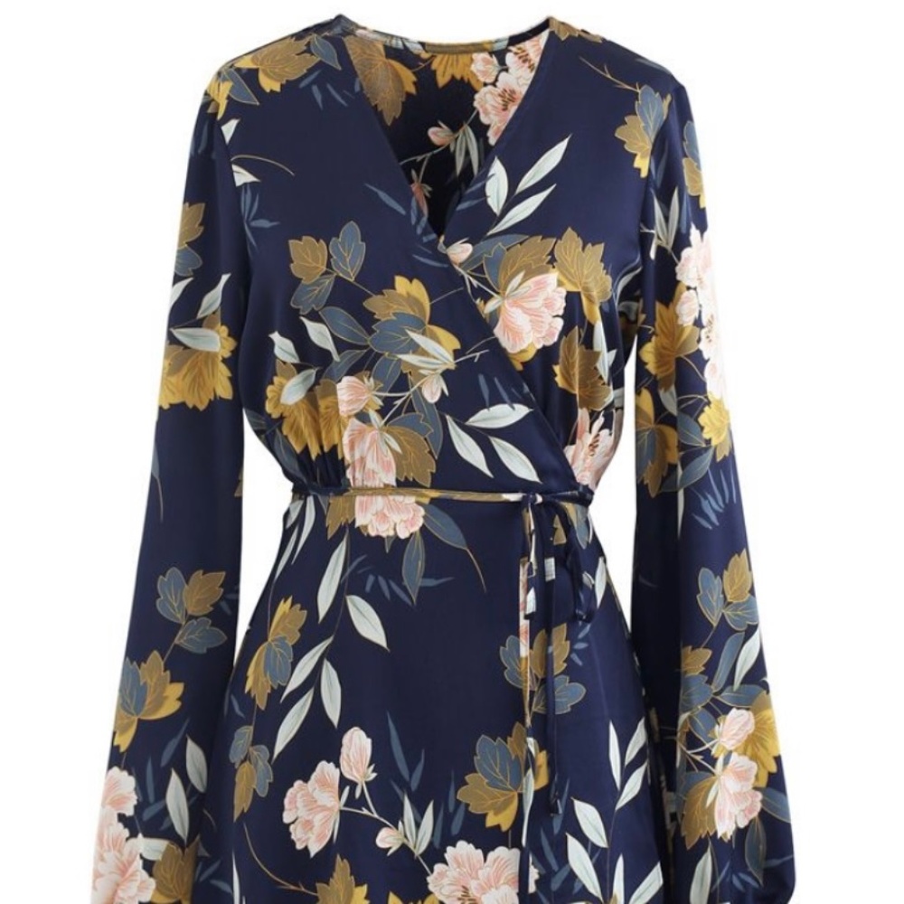 Navy Floral Printed Self Tie Wrap Dress NWT